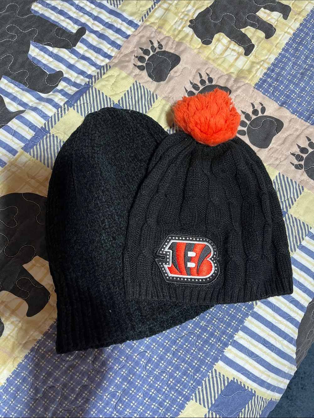 Black Knit hat and Bengals beanie